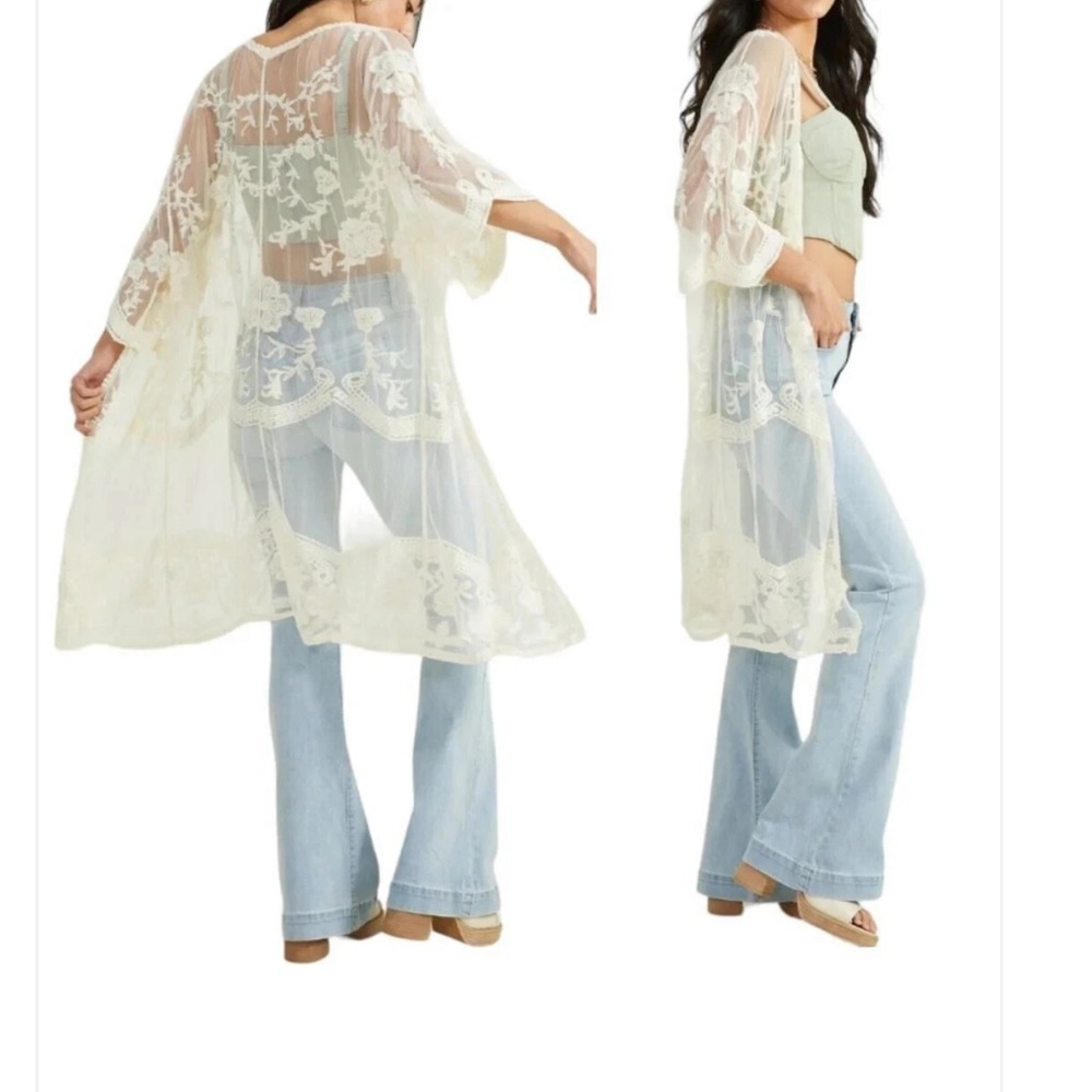 Adiva‎ Sheer Lace Long Line Kimono Womens Large Floral Boho Hippie Coachella